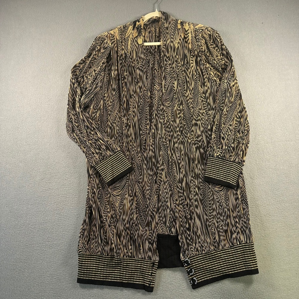 Virginie Paris Pleated Abstract Print Duster Cardigan Gold Metallic Trim Black